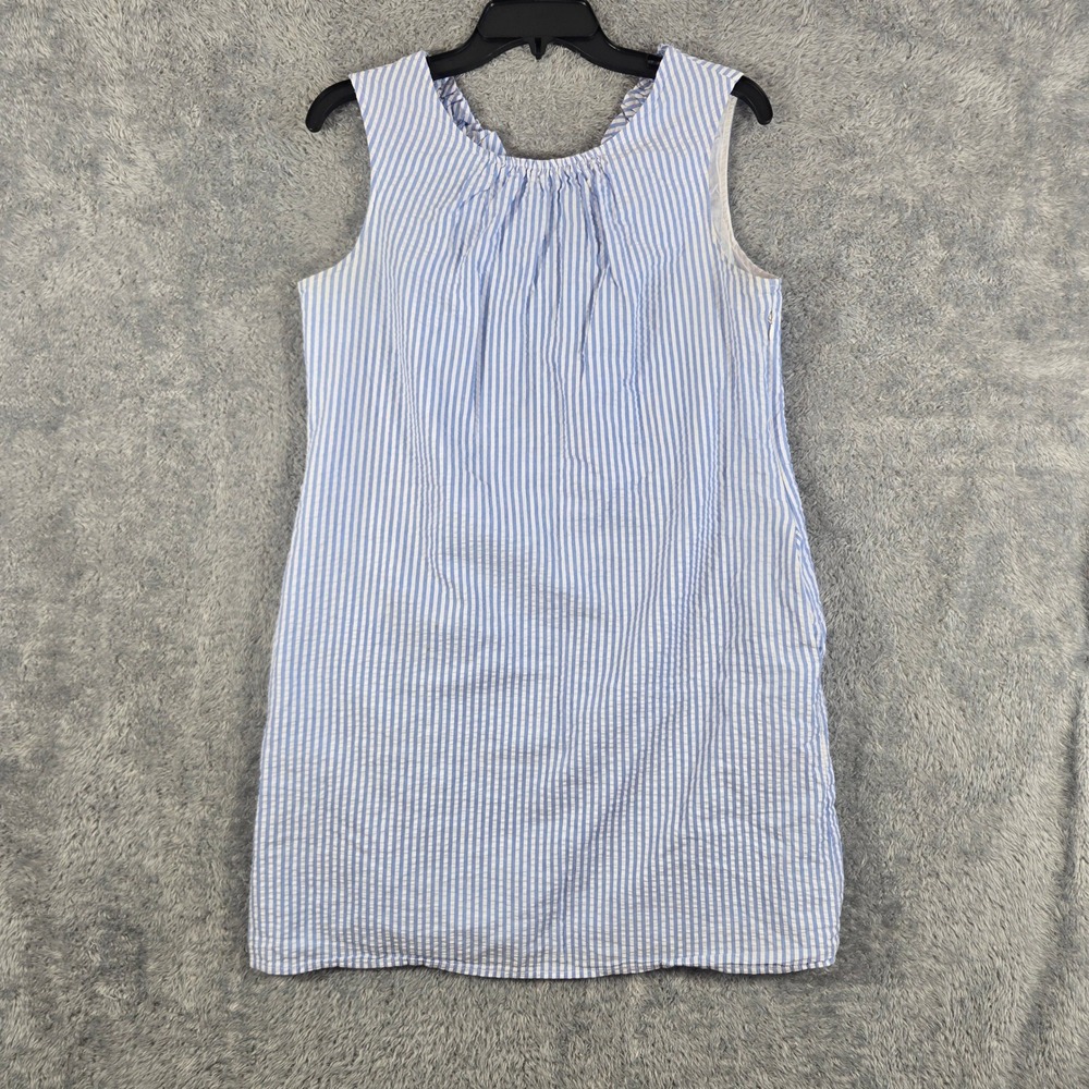 Blue White Seersucker Striped Sleeveless Shift Dress Size 8 Side Zip Womens